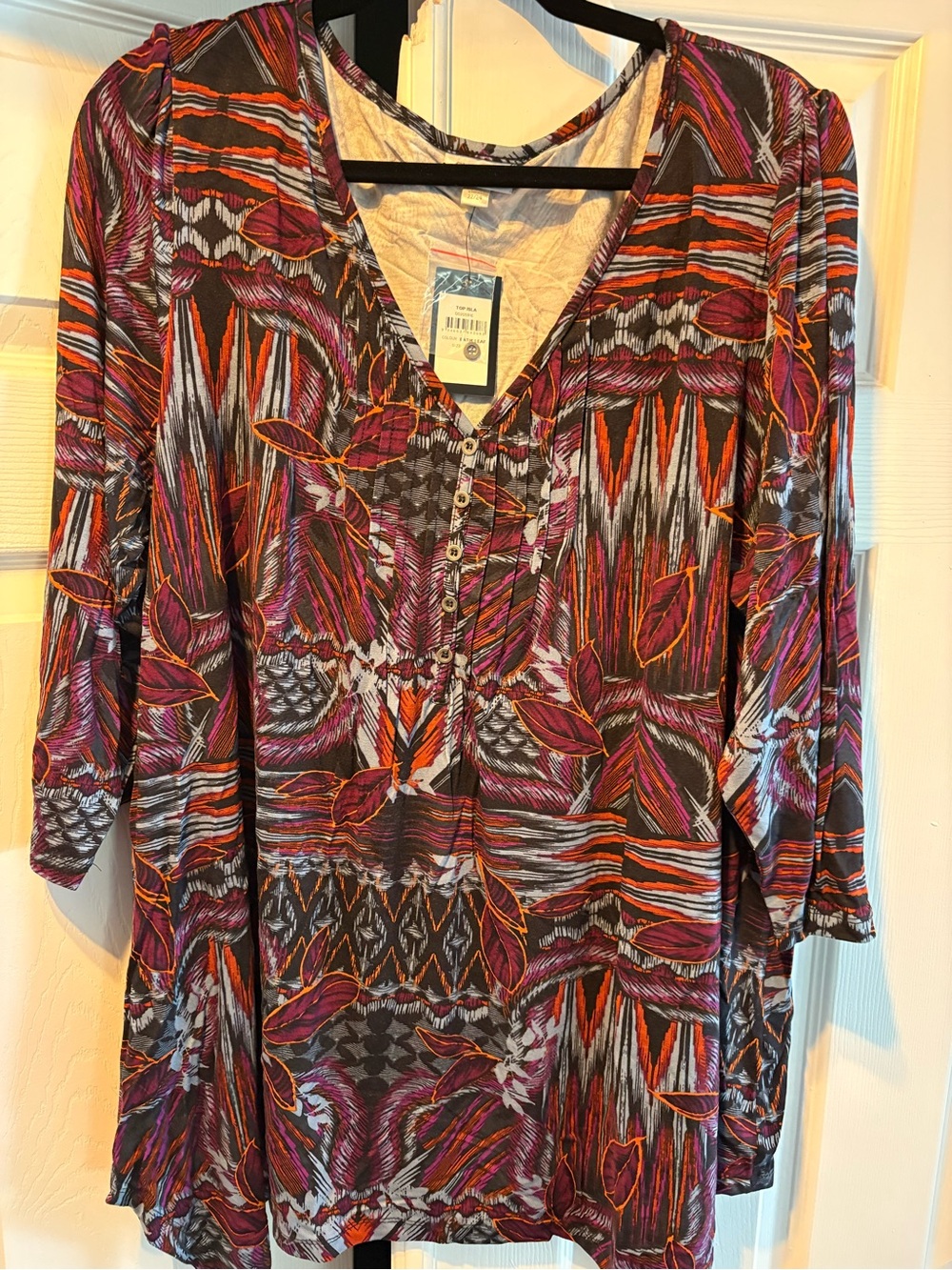 Avenue Burgundy Multi-Print V-Neck Henley Tunic